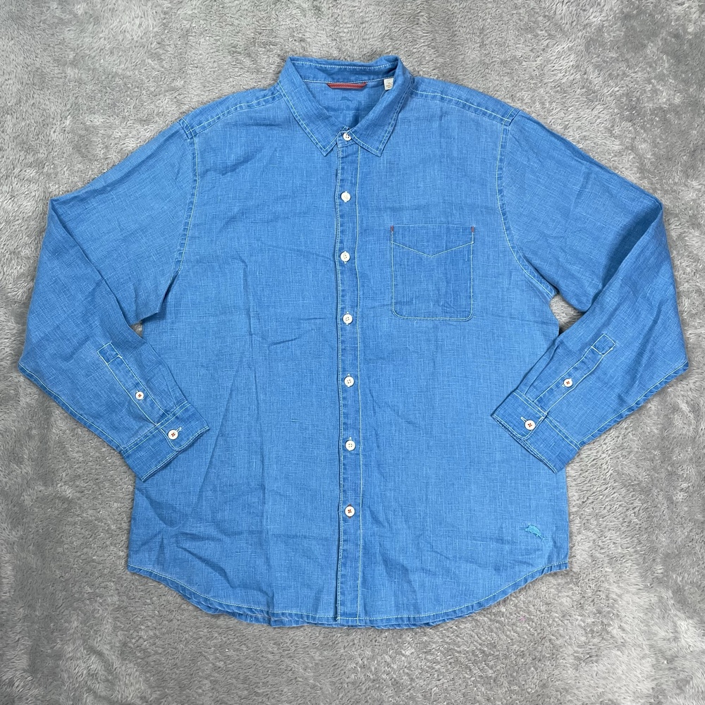 Tommy Bahama Shirt Mens XL Blue Linen Sea Glass Breezer Long Sleeve Casual